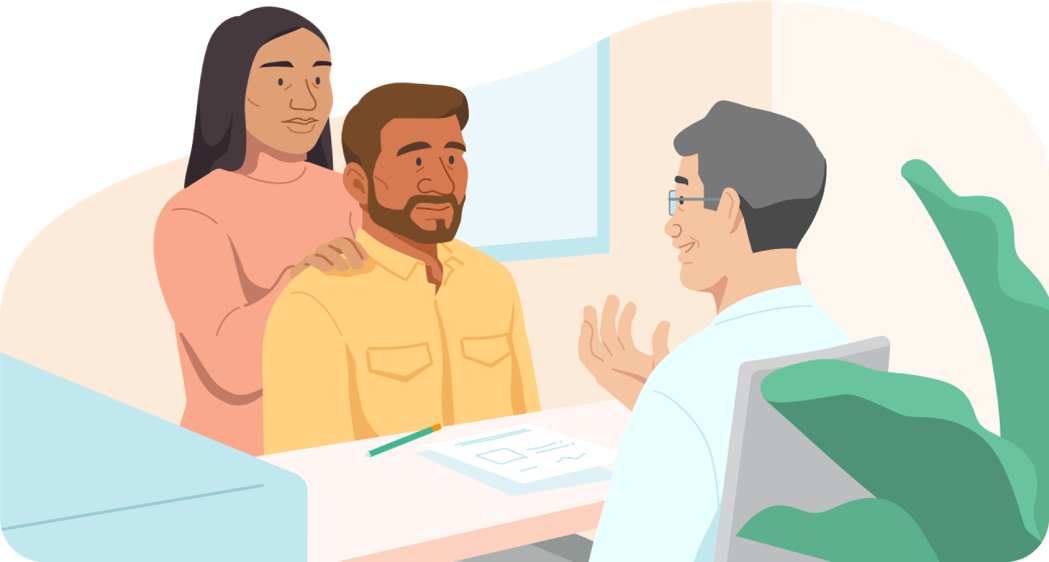 Illustration of patient and caregiver discussing CAR T with an oncologist.