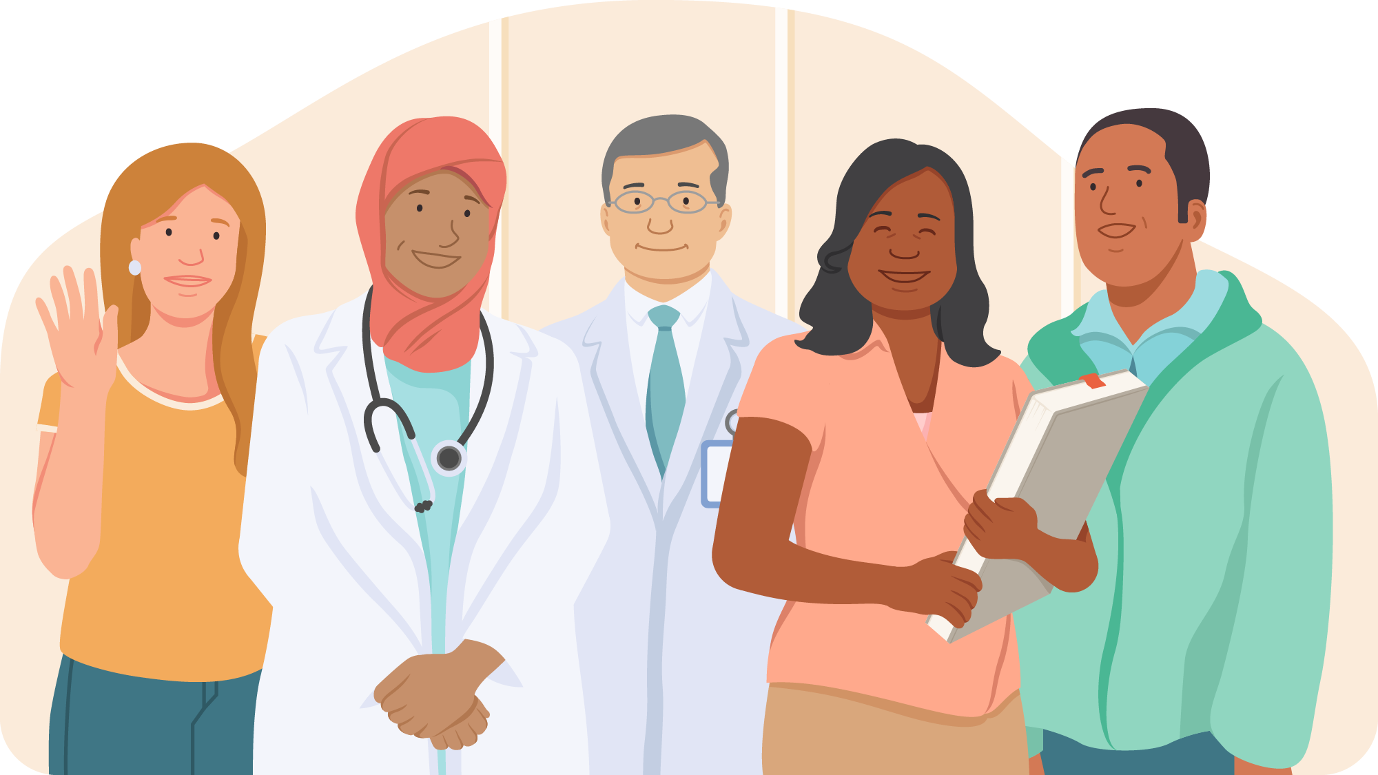 Illustration of a support team including healthcare team, family, and friend.