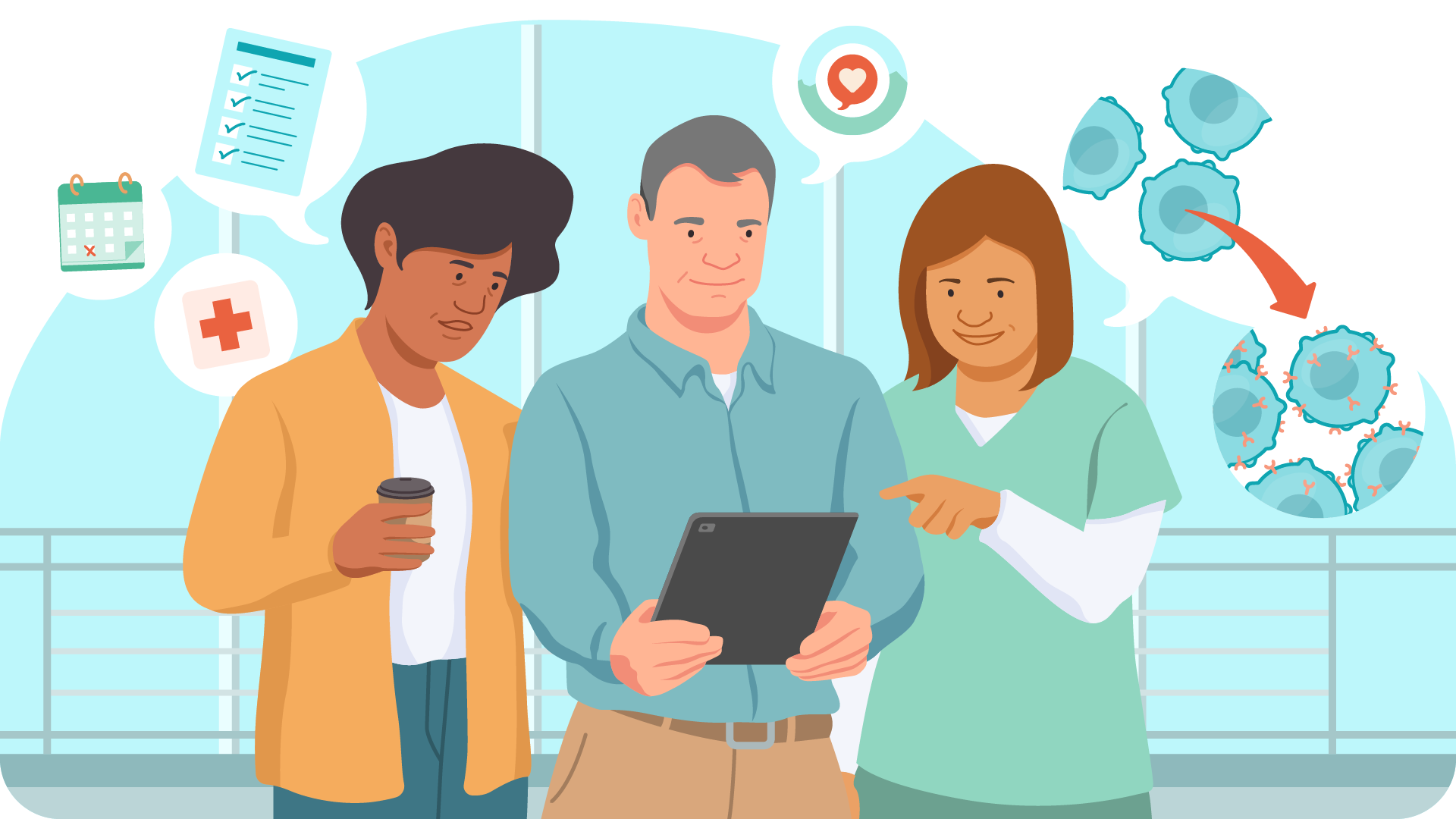 Illustration of patient and caregiver discussing CAR T-cell therapy with a nurse coordinator.