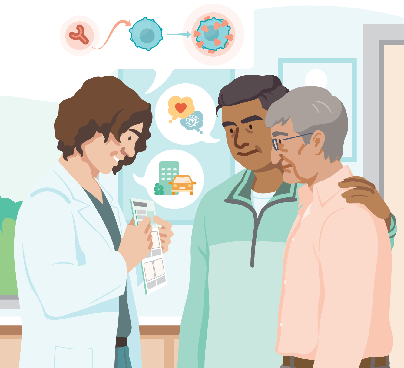 Illustration of patient and caregiver discussing CAR T with an oncologist.